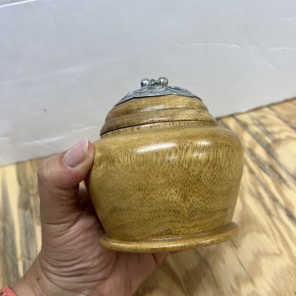 Handcrafted Mango Wood Thailand Round Wooden Box With Silver Metal Bells - Picture 6 of 9